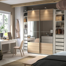 PAX / MEHAMN/AULI خزانة ملابس, أبيض ثنائي الجانب./مظهر سنديان مصبوغ أبيض زجاج مرايا, 250x66x236 سم