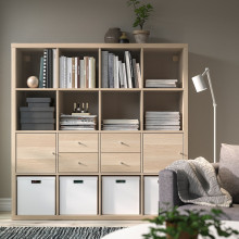 KALLAX وحدة أرفف مع 4 تركيبات داخلية, مظهر سنديان مصبوغ أبيض, 147x147 سم
