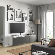 BESTÅ طاولة تلفزيون مع أبواب, أبيض/Lappviken رمادي غامق, 180x42x38 سم