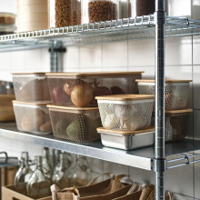 IKEA 365+ سلة تخزين طعام بغطاء, مستطيل معدن/رمادي فاتح-بني خيزران, 32x21x13 سم