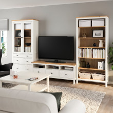 HEMNES مجموعة تخزين تلفزيون, أبيض/بني فاتح زجاج شفاف, 326x197 سم