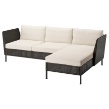 VITTSKÄR كنبة بثلاث مقاعد مع أريكة طويلة, مساند ذراعين خارجي/روطان بلاستيكي بلون رمادي غامق Frösön/Duvholmen بيج