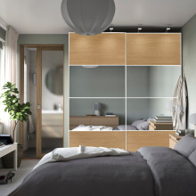 PAX / MEHAMN/AULI دولاب ملابس مع أبواب سحّابة, أبيض أبيض/شكل السنديان زجاج مرايا, 200x66x236 سم