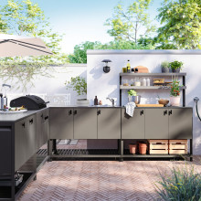 BÅTSKÄR Outdoor ktchn w chrcl bbq+sink unit, dark grey, 300x300 cm
