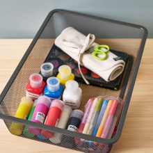 TROFAST Desk with mesh storage boxes, light white stained pine dark grey, 124x44x52 cm