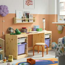 TROFAST Desk with storage boxes, light white stained pine/white lilac, 124x44x52 cm