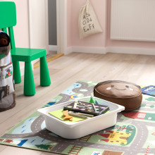 TROFAST Desk with storage boxes/trays, light white stained pine/red white, 124x44x52 cm