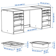 TROFAST Desk with storage boxes/trays, light white stained pine/red white, 124x44x52 cm