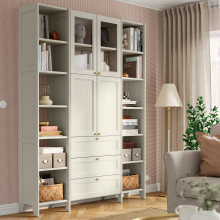 GULDDRAGARE Storage combination, beige/clear glass with 3 drawers, 162x37x216 cm