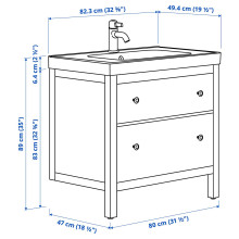 HEMNES / ORRSJÖN خزانة حوض بأدراج/حوض/خلاط, أبيض, 82x49x89 سم