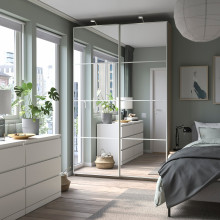 PAX / AULI Wardrobe with sliding doors, white stained oak effect/mirror glass, 150x43x236 cm