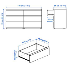 STORKLINTA خزانة بـ 6 أدراج, أبيض, 140x50x75 سم