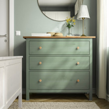 HEMNES خزانة بـ 3 أدراج, رمادي-أخضر/بني فاتح, 108x96 سم