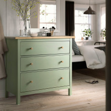 HEMNES خزانة بـ 3 أدراج, رمادي-أخضر/بني فاتح, 108x96 سم