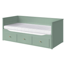 HEMNES تخت نهار بـ3 أدراج/مرتبتين, رمادي-أخضر/Åfjäll متوسطة الصلابة, 80x200 سم