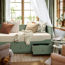 HEMNES هيكل تخت نهاري مع 3 أدراج, رمادي-أخضر, 80x200 سم